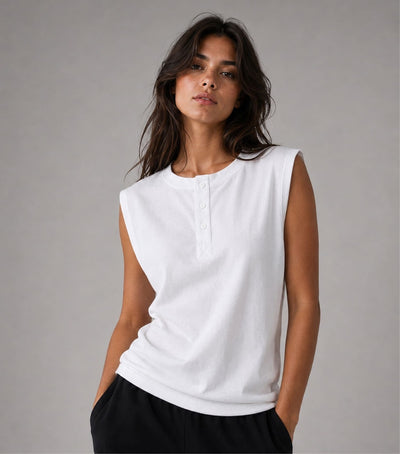 Relaxed Fit Sleeveless Henley T-Shirt – White
