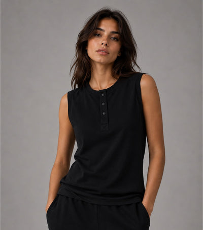 Relaxed Fit Sleeveless Henley T-Shirt – Black