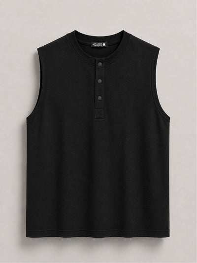 Relaxed Fit Sleeveless Henley T-Shirt – Black
