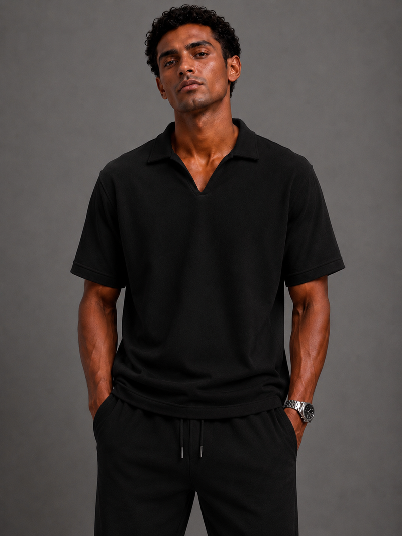 Relaxed Fit Interlock Polo Set – Black
