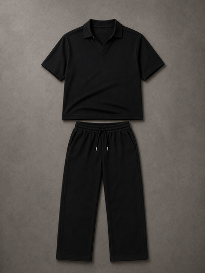 Relaxed Fit Interlock Polo Set Black