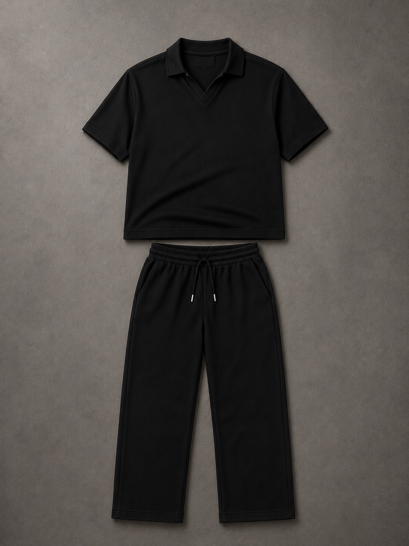 Relaxed Fit Interlock Polo Set – Black