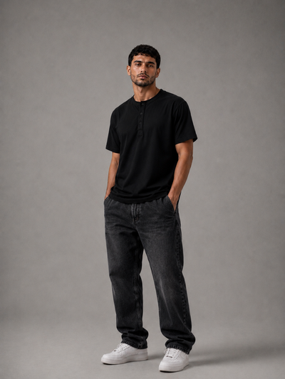 Relaxed Fit Henley T-Shirt – Black