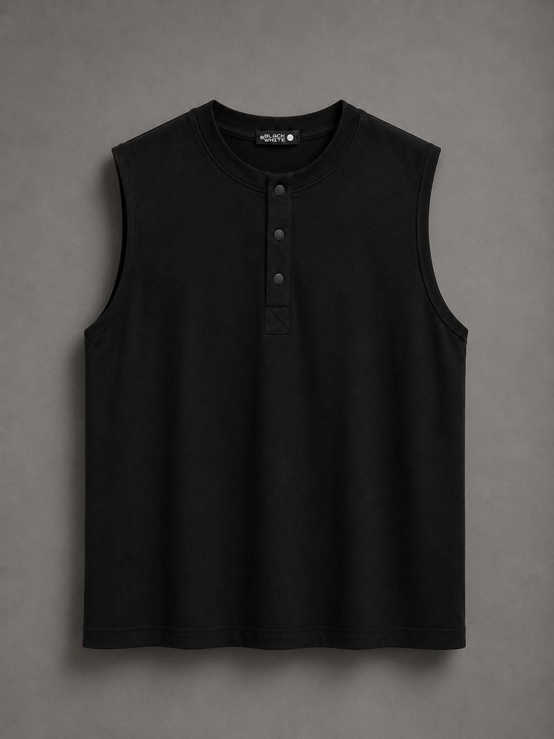 Relaxed Fit Sleeveless Henley Tee – Black
