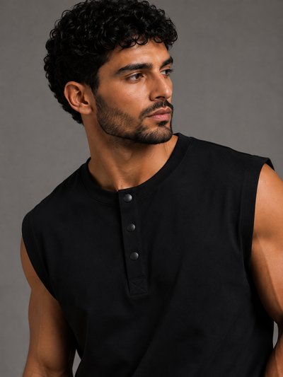 Relaxed Fit Sleeveless Henley T-Shirt – Black