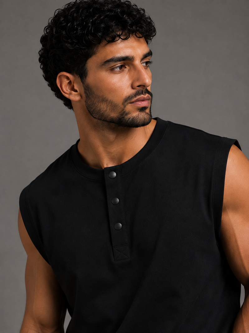 Relaxed Fit Sleeveless Henley Tee – Black