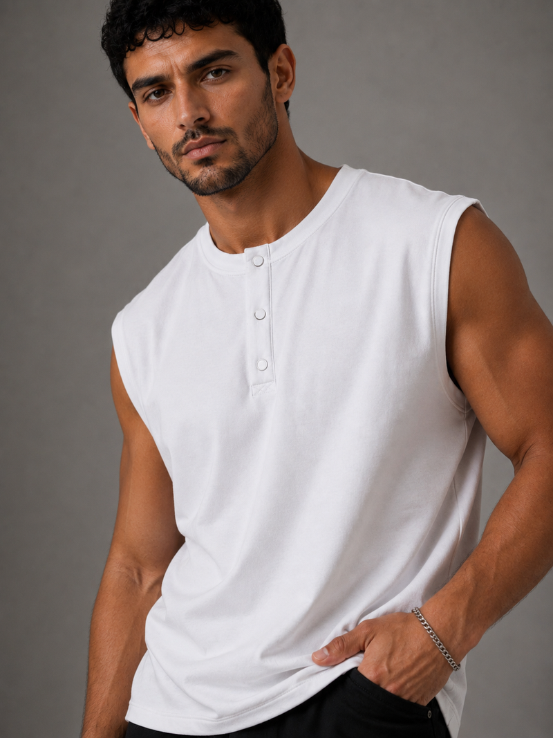 Relaxed Fit Sleeveless Henley Tee – White